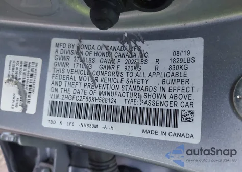 2019 Honda Civic Lx from USA, damaged, VIN 2HGFC2F66KH588124